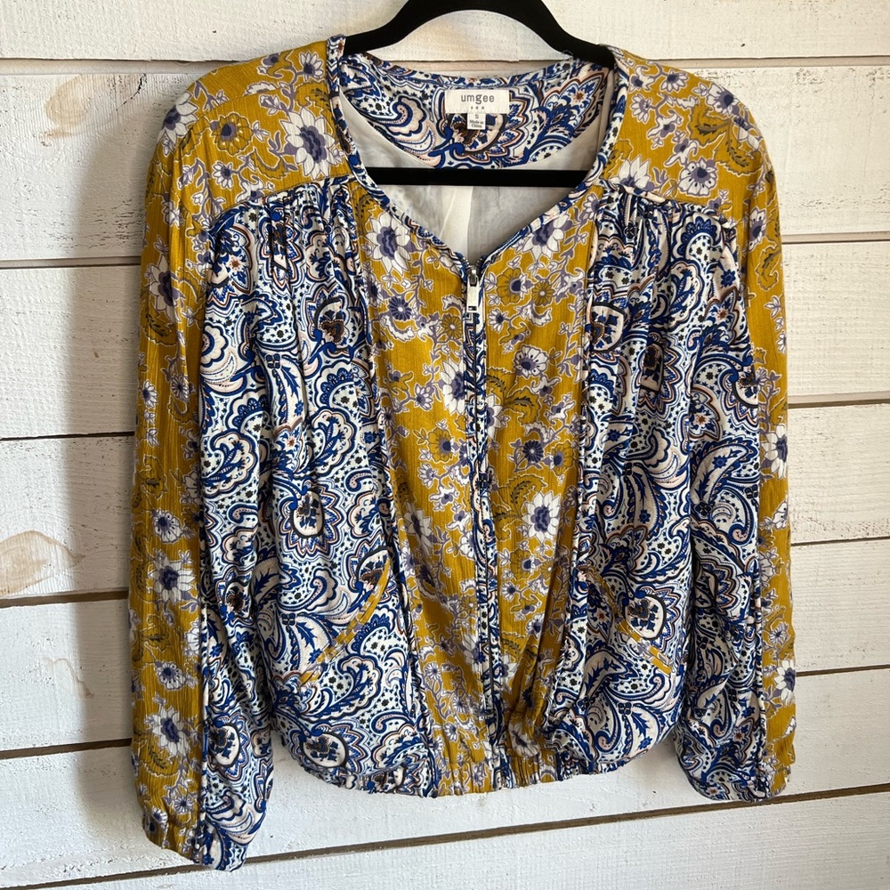 Umgee yellow & blue floral paisley print bomber jacket size small